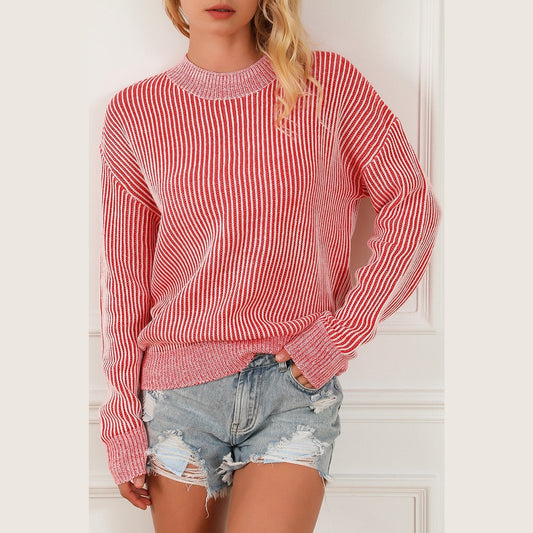 DESTASH Jorry Red Striped Print Ribbed Trim Round Neck Sweater