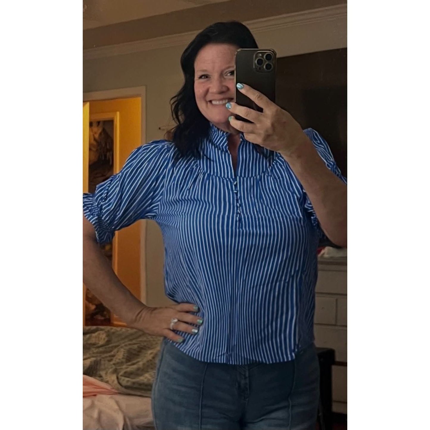 Joselle Blue Stripe Ruffled Short Puff Sleeve Button Front Blouse