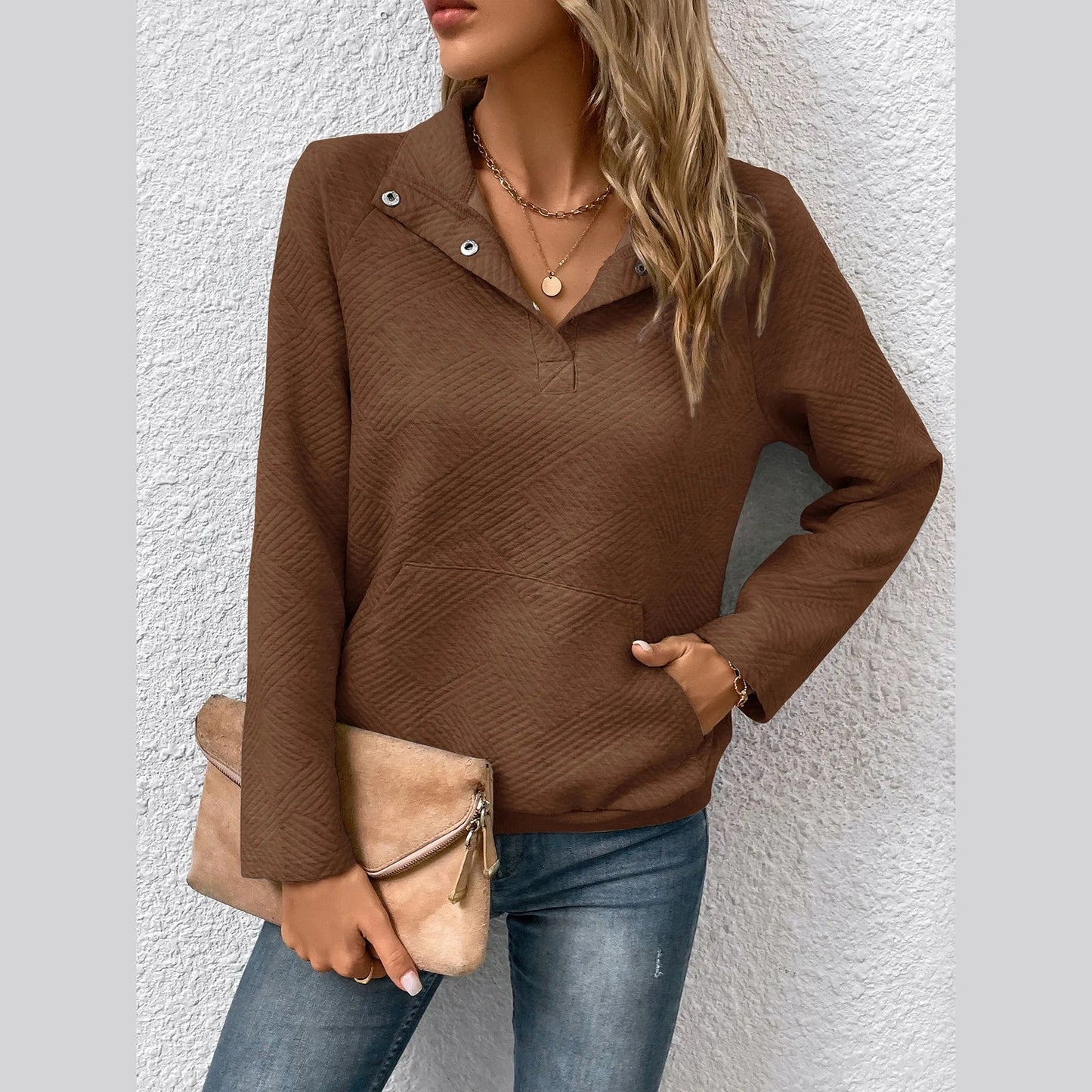 Josephine Brown Half Snap Textured Long Sleeve Shirt