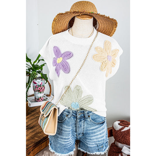Josie White Crochet Flower Knit Short Sleeve Sweater