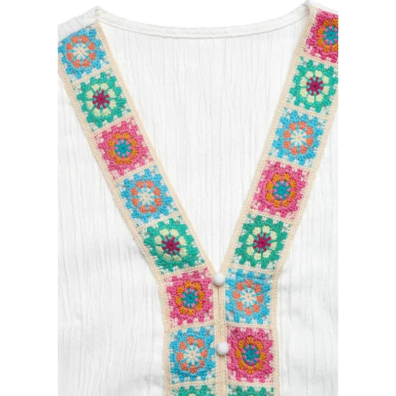 Jozie Boho Square‑Stitch Flutter Blouse