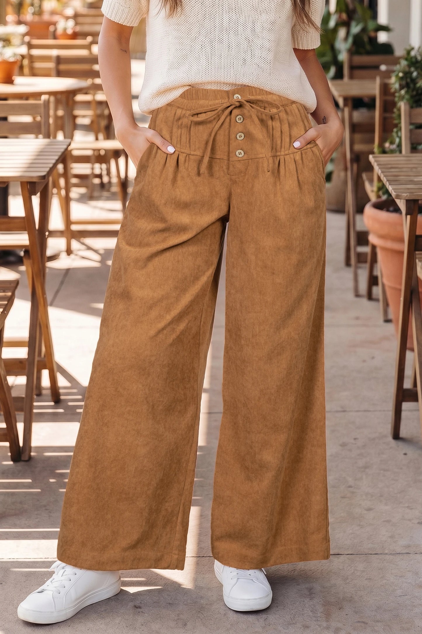 Judith Thai Curry Elastic Waist Wooden Button Placket Ankle Length Wide Leg Pants
