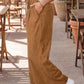 Judith Thai Curry Elastic Waist Wooden Button Placket Ankle Length Wide Leg Pants