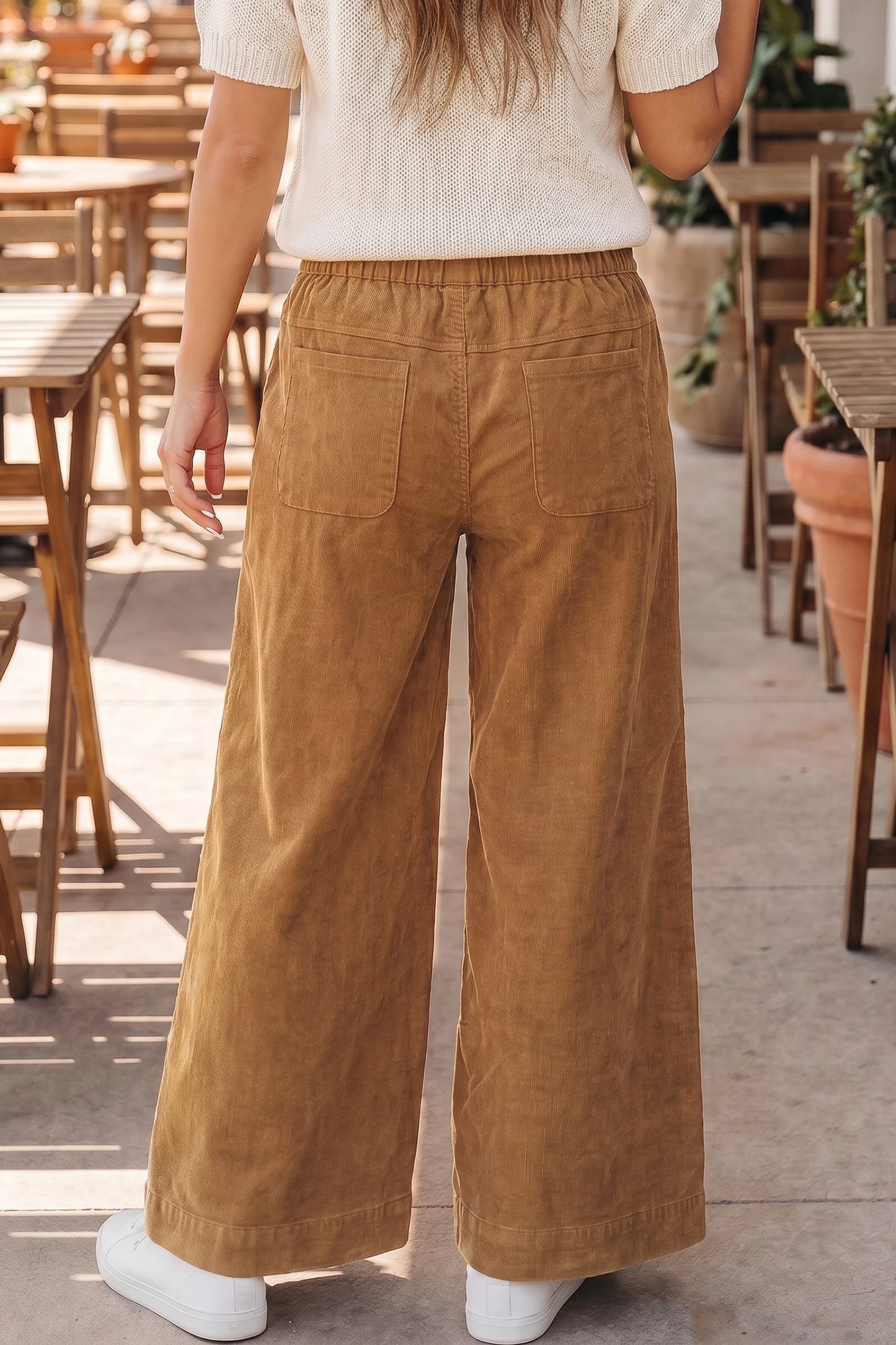 Judith Thai Curry Elastic Waist Wooden Button Placket Ankle Length Wide Leg Pants