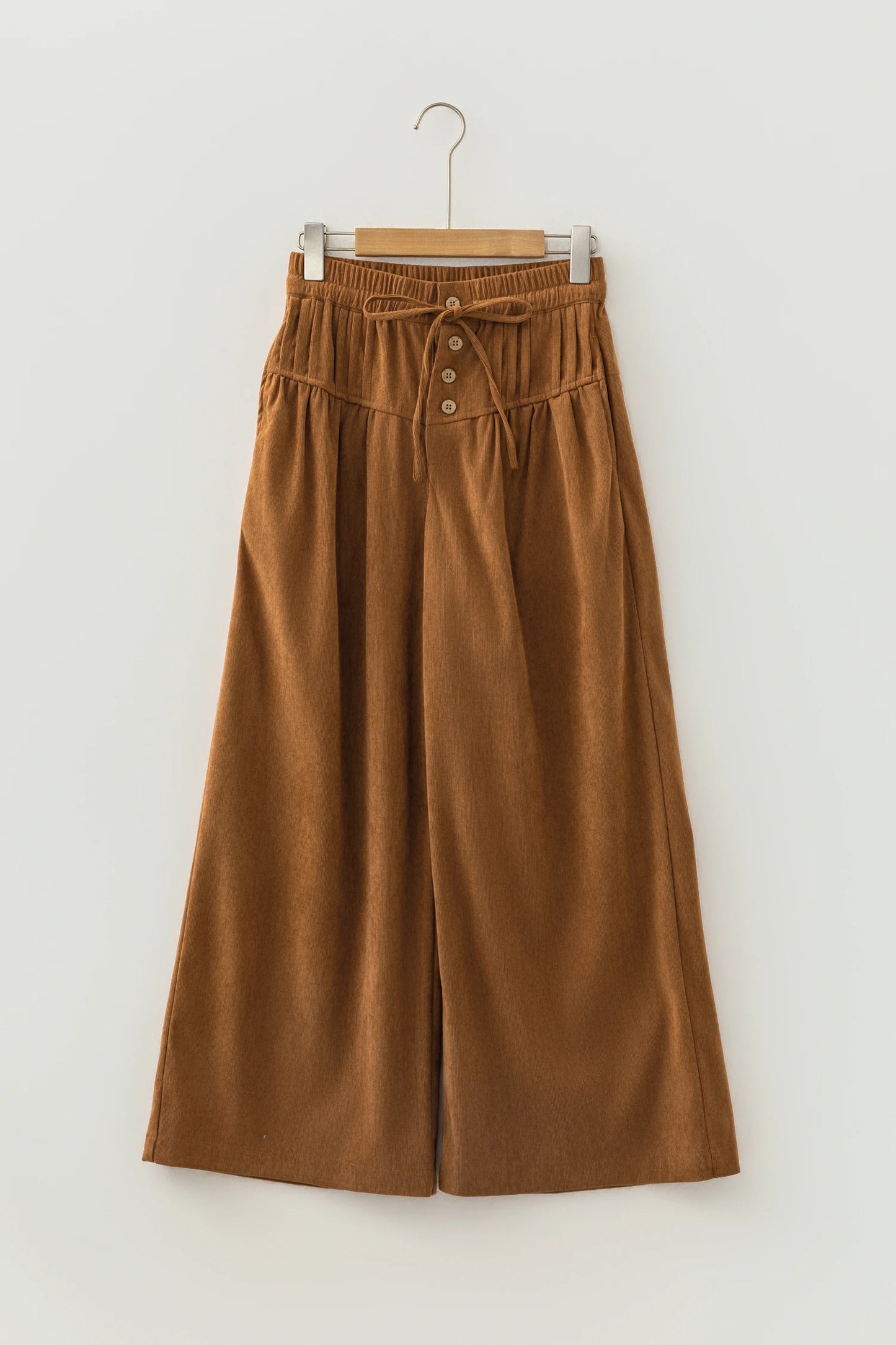 Judith Thai Curry Elastic Waist Wooden Button Placket Ankle Length Wide Leg Pants
