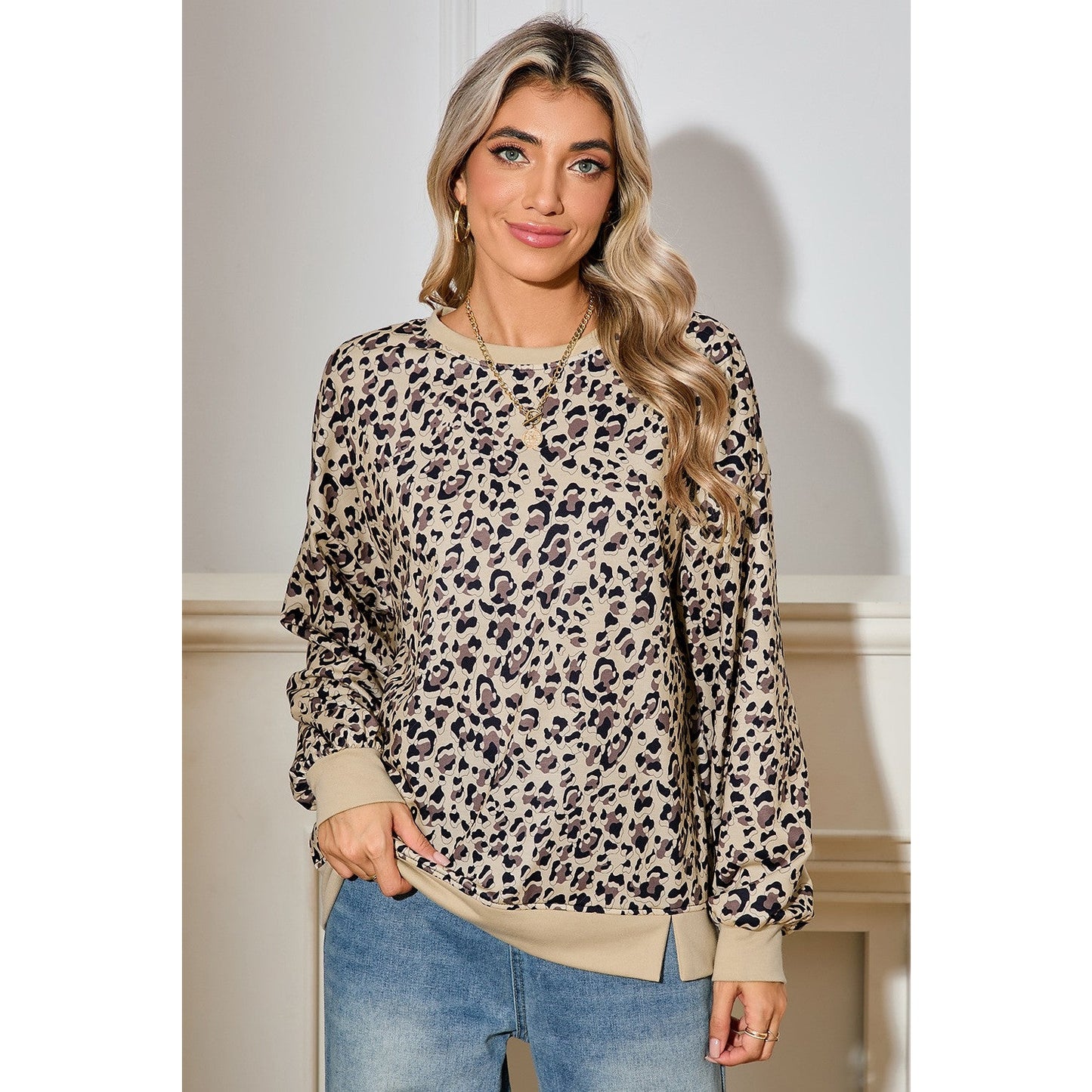 Juditha Parchment Leopard Print Crew Neck Sweatshirt