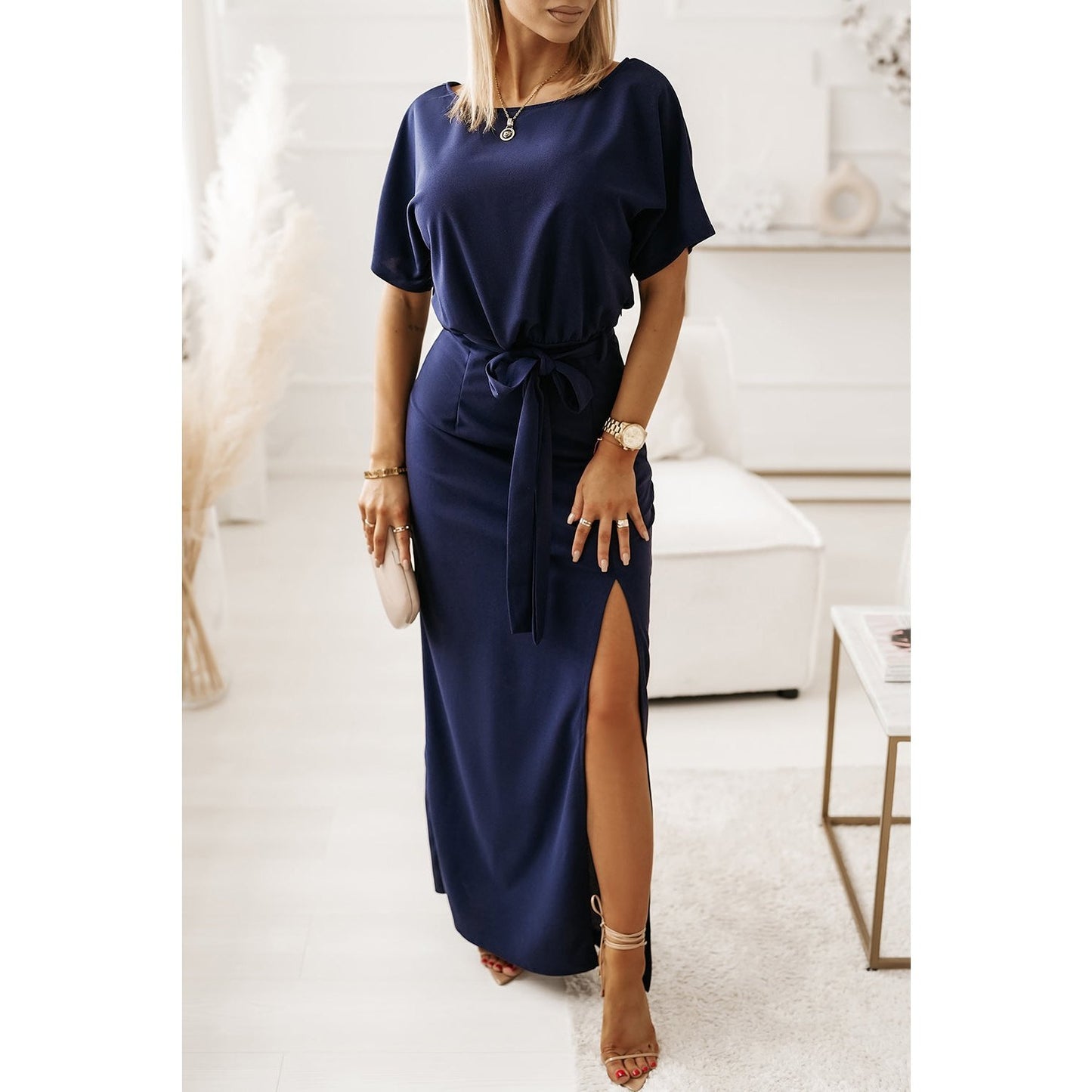 Julissa Blue Keyhole Back Tie Waist Slit Evening Dress