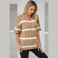 Amaya Dark Khaki Striped Cable Short Sleeve Sweater