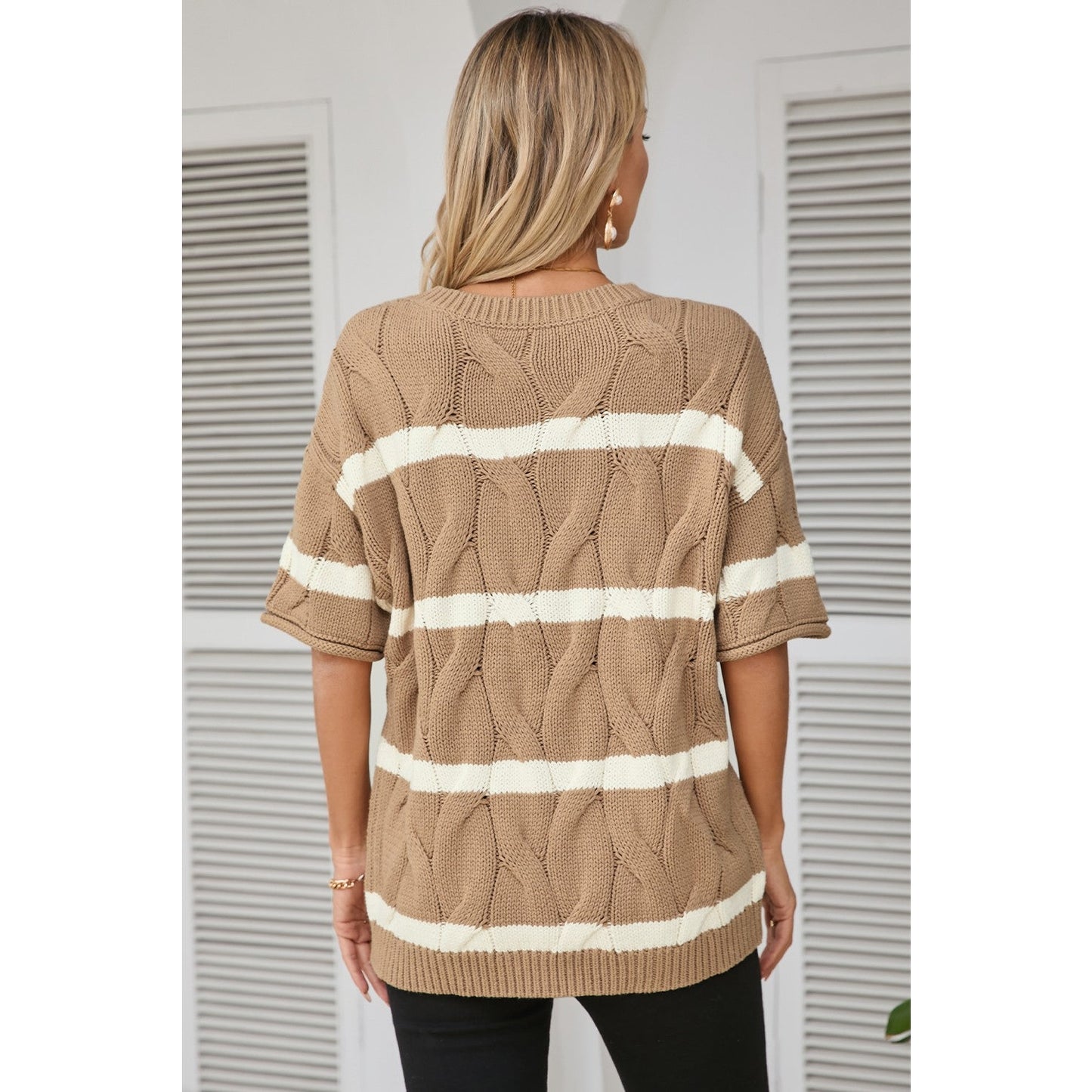 Amaya Dark Khaki Striped Cable Short Sleeve Sweater