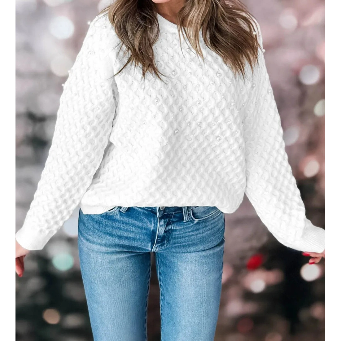 Justine White Textured Knit Pearl Embellished Pullover Sweater
