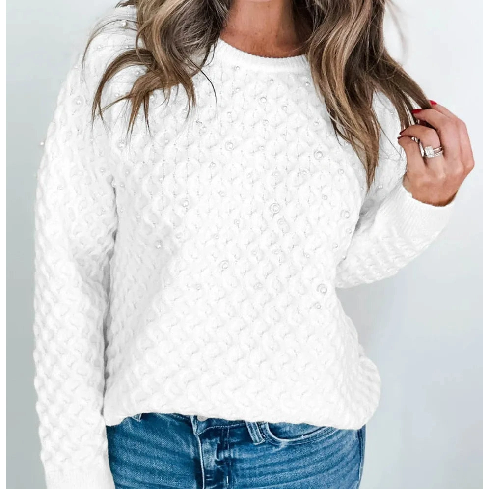 Justine White Textured Knit Pearl Embellished Pullover Sweater
