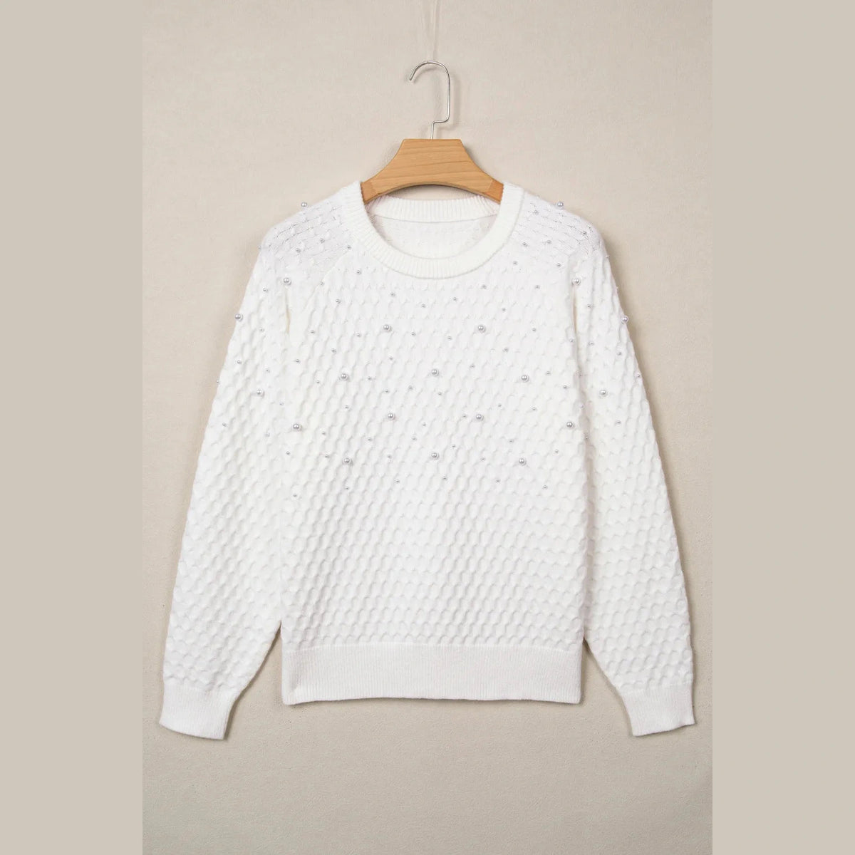 Justine White Textured Knit Pearl Embellished Pullover Sweater