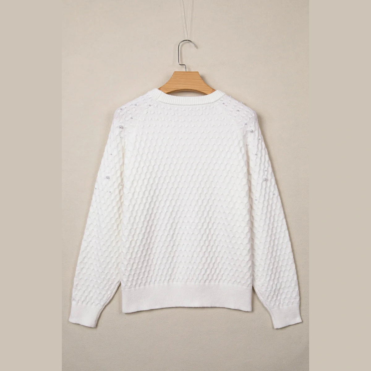 Justine White Textured Knit Pearl Embellished Pullover Sweater