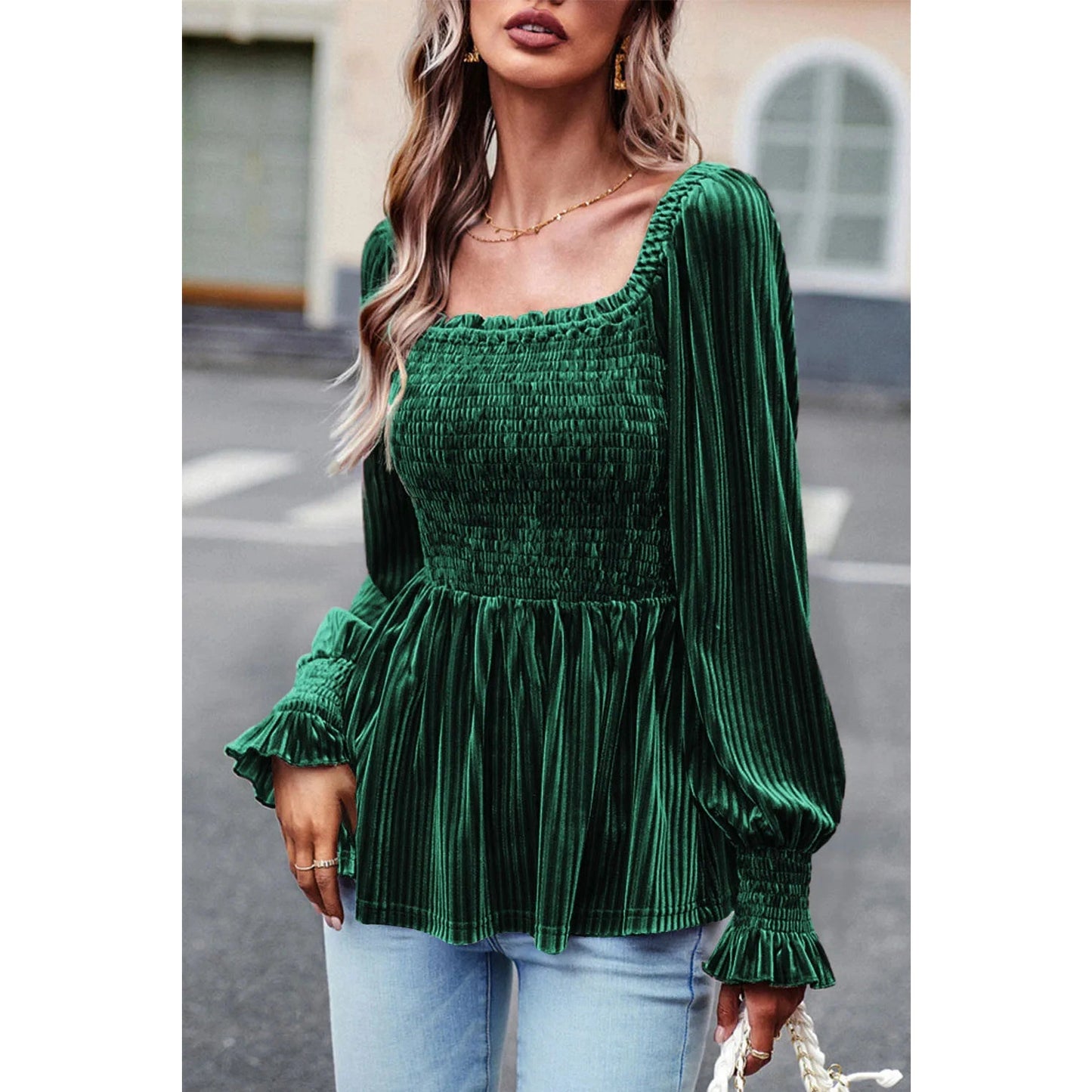 Kellianne Green Smocked Ribbed Velvet Babydoll Top