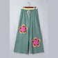 Kendyl Green Color Block Flower Patchwork Drawstring Contrasted Elastic Waist Wide Leg Pants