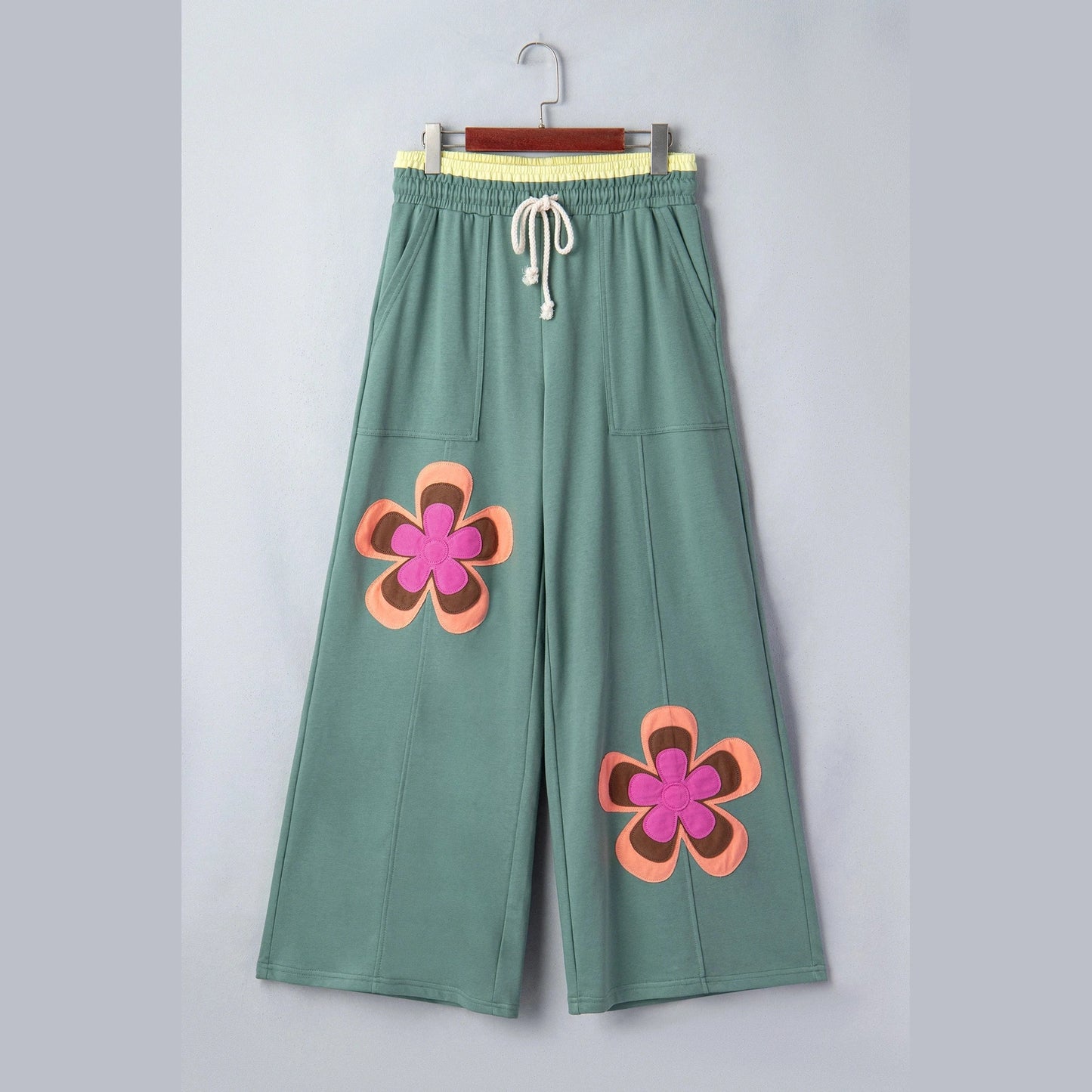 Kendyl Green Color Block Flower Patchwork Drawstring Contrasted Elastic Waist Wide Leg Pants