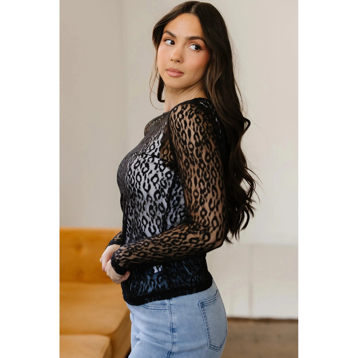 Kami Black Leopard Pattern Sheer Mesh Long Sleeve Top