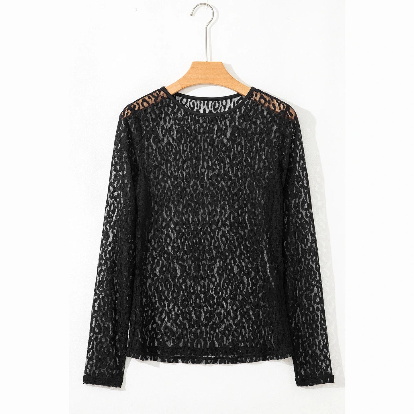 Kami Black Leopard Pattern Sheer Mesh Long Sleeve Top