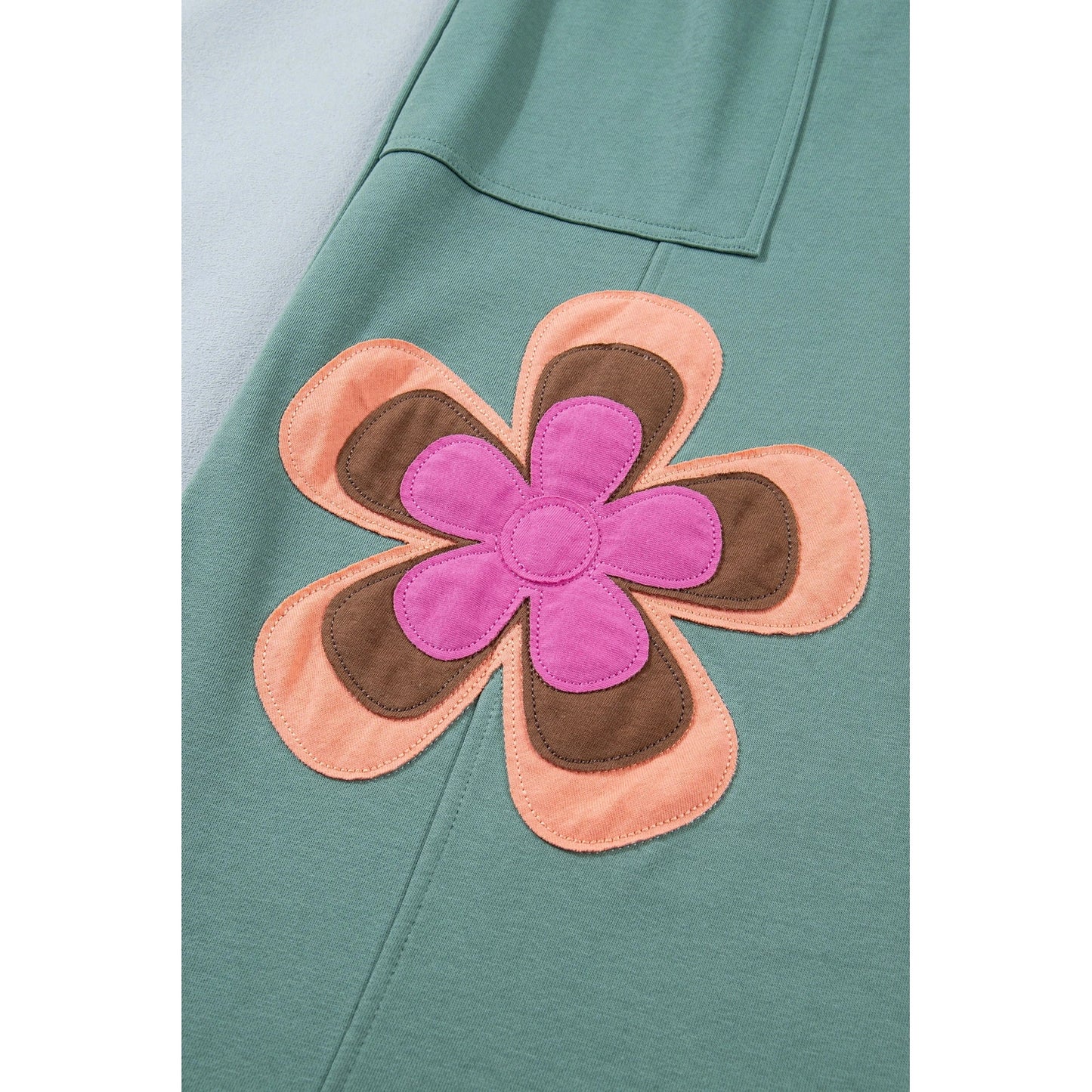 Kendyl Green Color Block Flower Patchwork Drawstring Contrasted Elastic Waist Wide Leg Pants