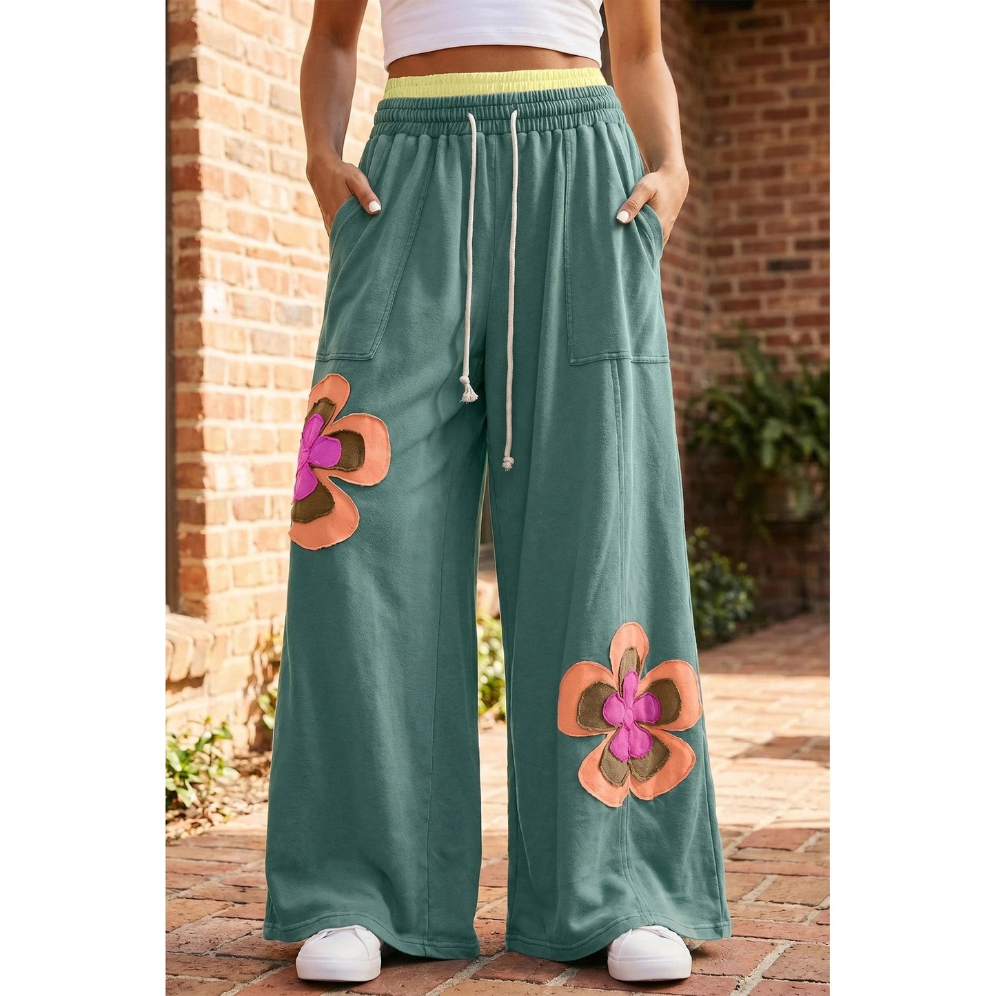 Kendyl Green Color Block Flower Patchwork Drawstring Contrasted Elastic Waist Wide Leg Pants