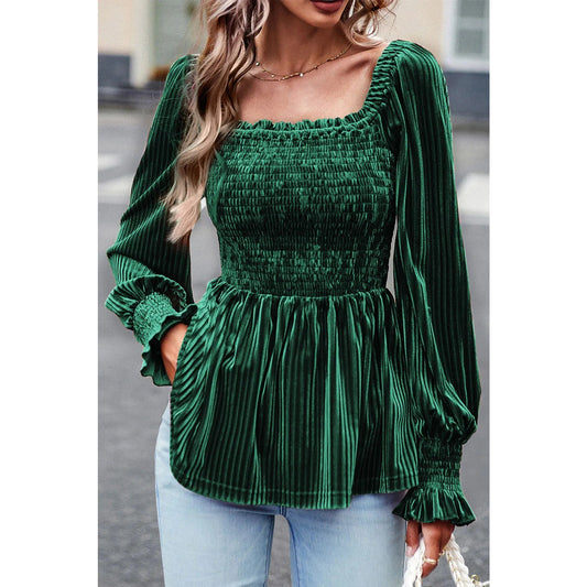 Kellianne Green Smocked Ribbed Velvet Babydoll Top