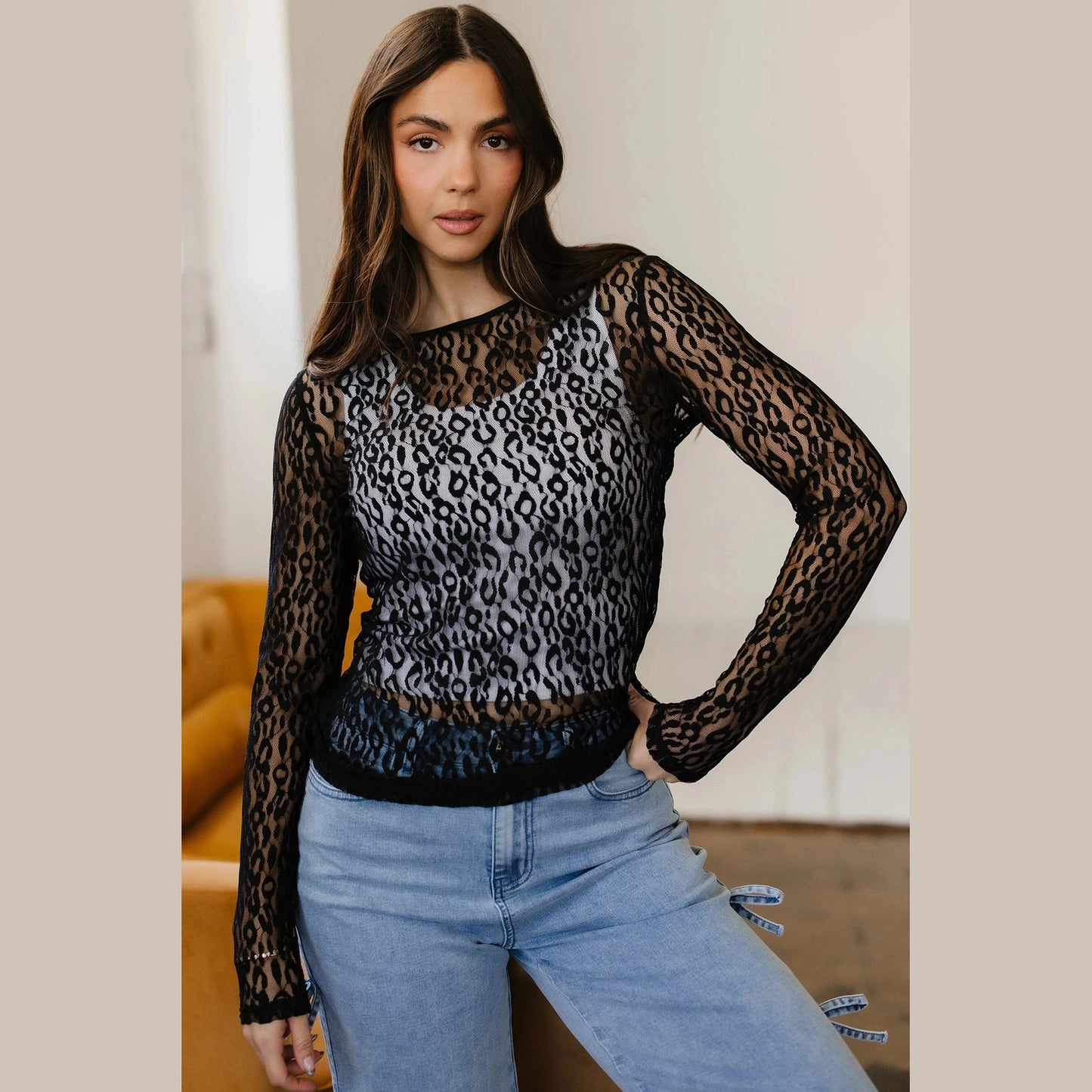 Kami Black Leopard Pattern Sheer Mesh Long Sleeve Top