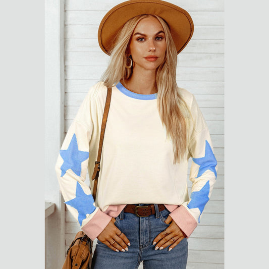 Kacie Blue Star Patchwork Exposed Seam Oversized Sweatshirt