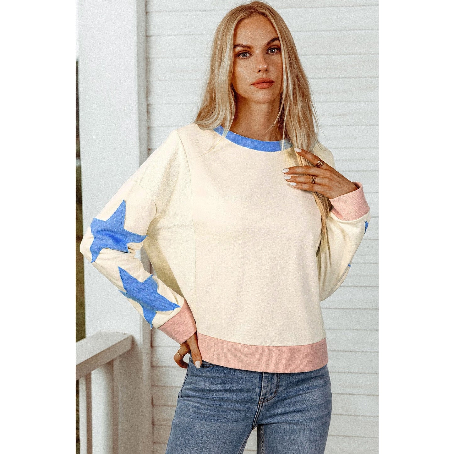 Kacie Blue Star Patchwork Exposed Seam Oversized Sweatshirt