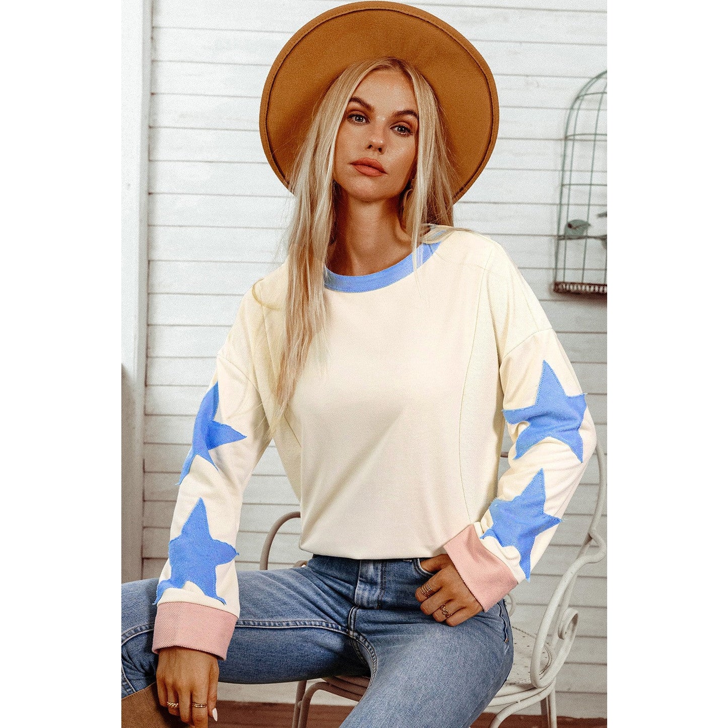 Kacie Blue Star Patchwork Exposed Seam Oversized Sweatshirt