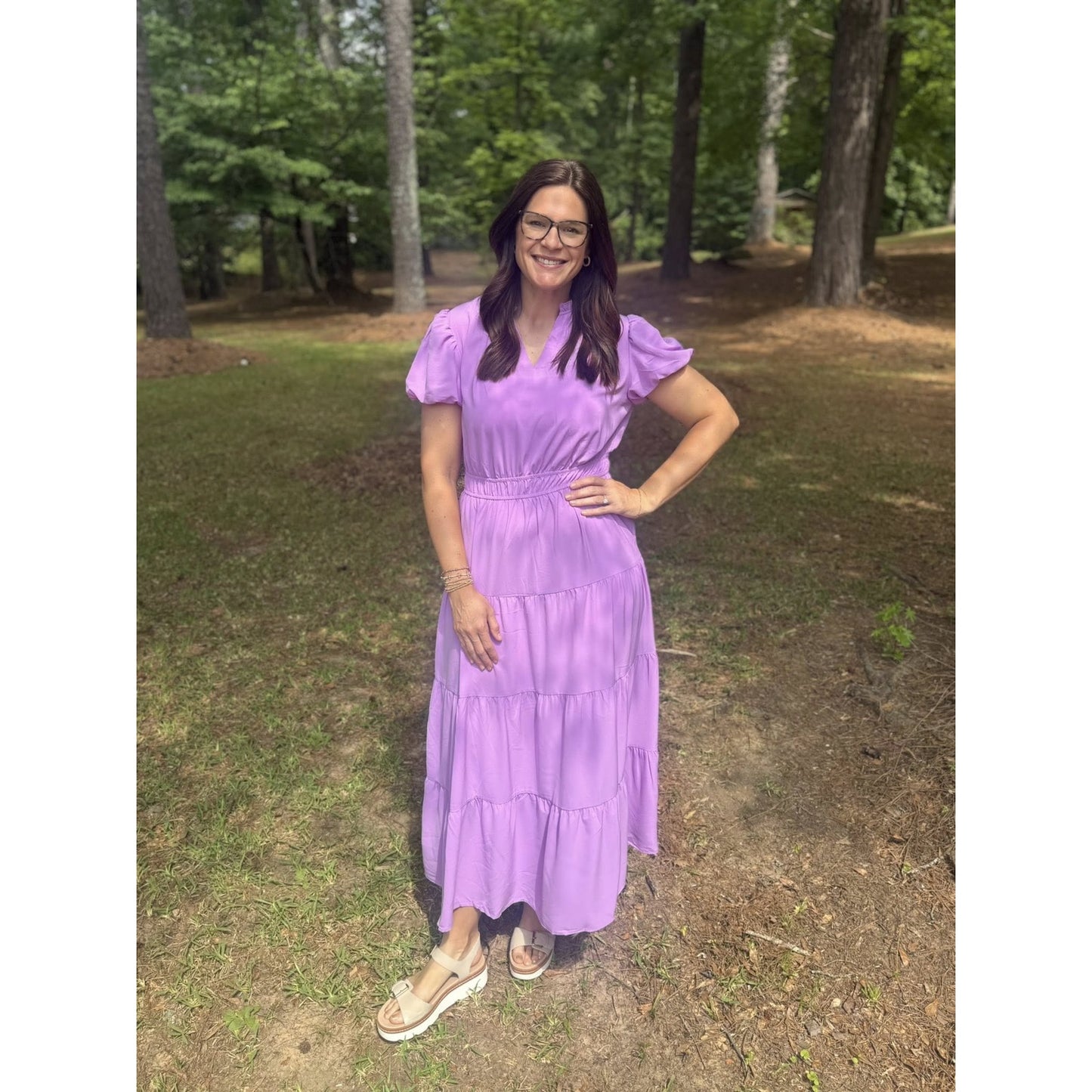 Kaci Lilac V Neck Short Puff Sleeve High Waist Tiered Maxi Dress