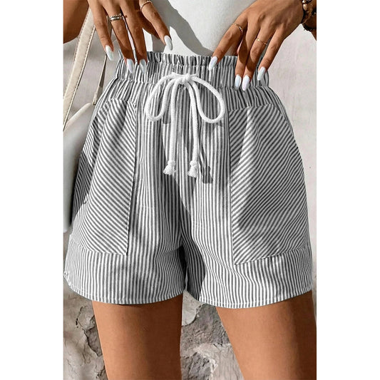 Kadee Grey Stripe Lace-up Elastic Waist Casual Pocketed Shorts