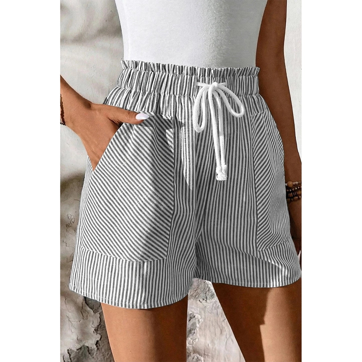 Kadee Grey Stripe Lace-up Elastic Waist Casual Pocketed Shorts