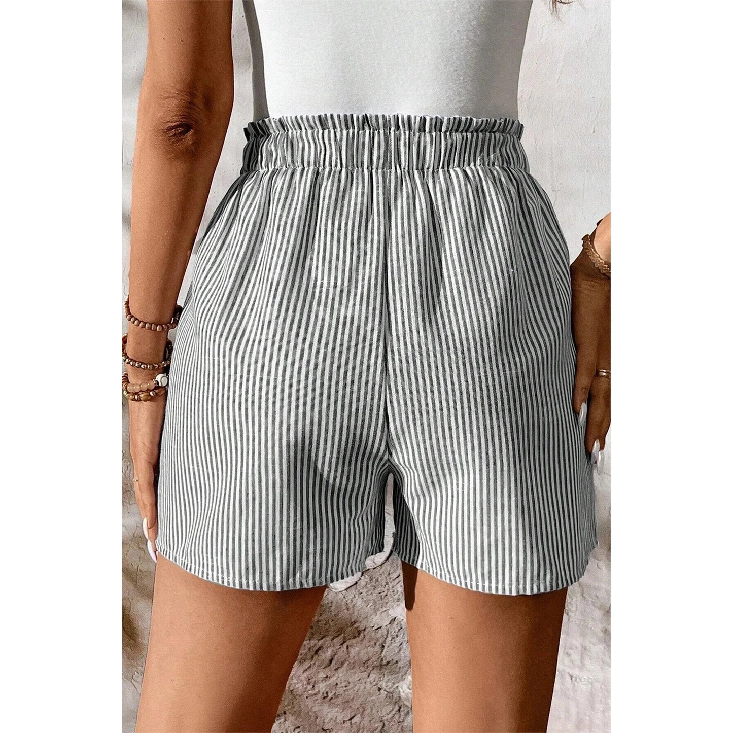 Kadee Grey Stripe Lace-up Elastic Waist Casual Pocketed Shorts