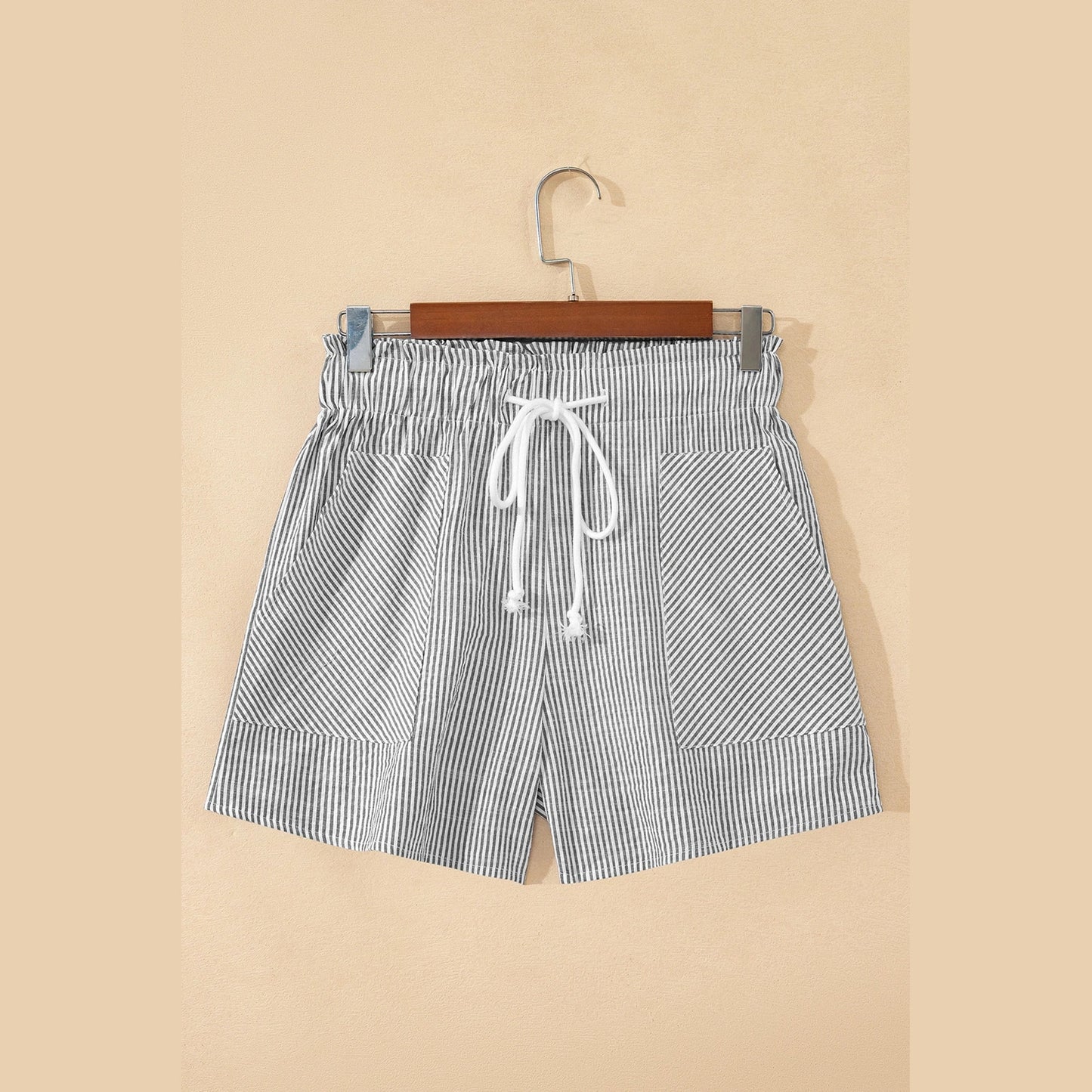 Kadee Grey Stripe Lace-up Elastic Waist Casual Pocketed Shorts