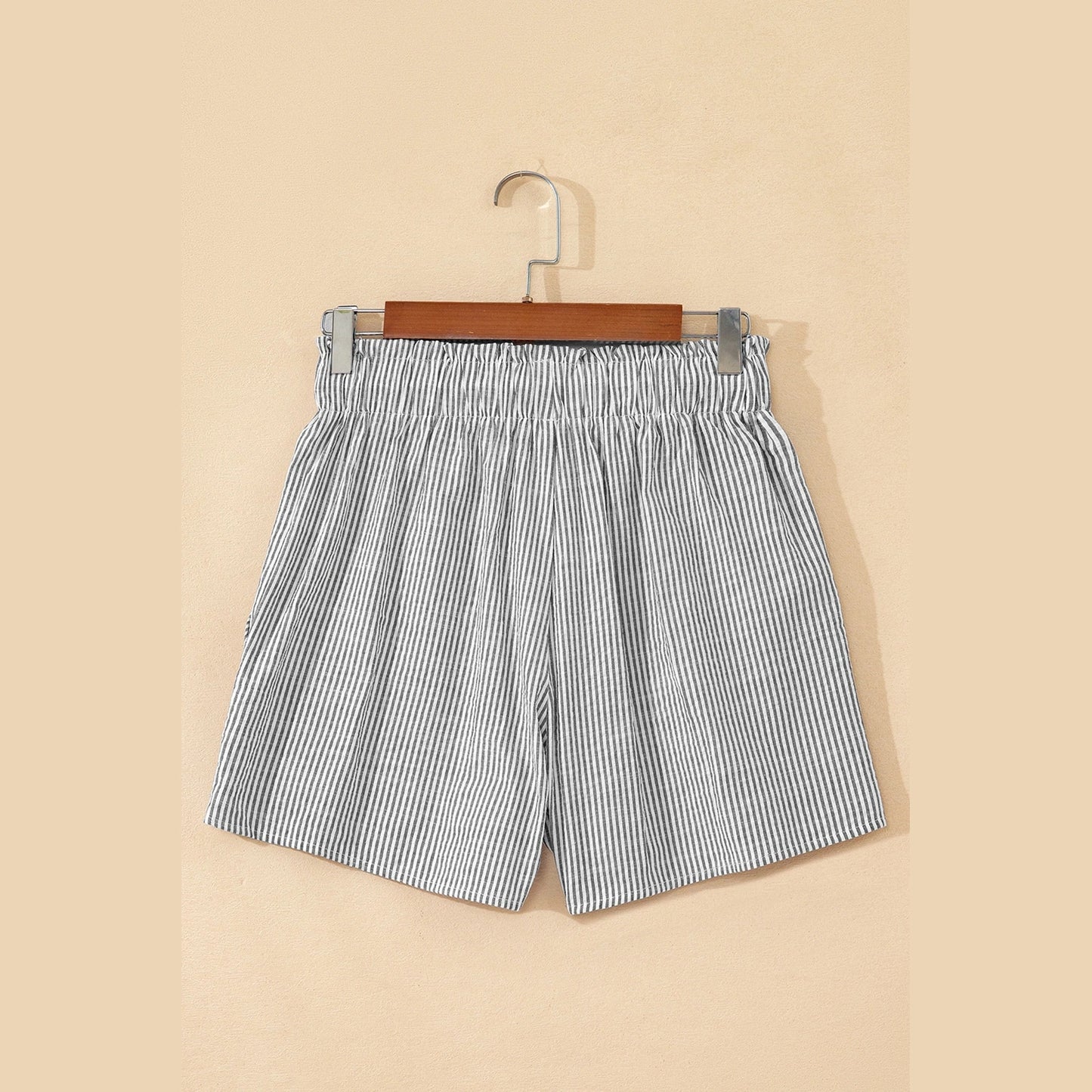 Kadee Grey Stripe Lace-up Elastic Waist Casual Pocketed Shorts