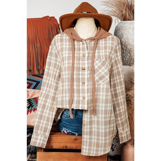 Wisteria Khaki Checkered Print Loose Fit Buttoned Hooded Shacket