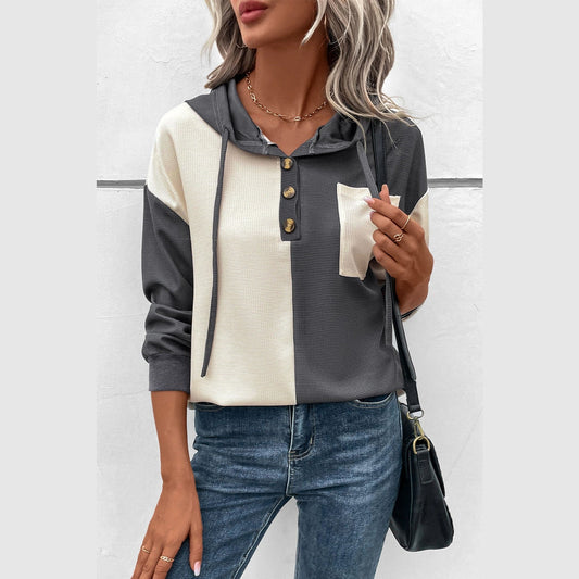 Kaidi Dark Grey Waffle Colorblock Buttons Placket Drop Shoulder Drawstring Hoodie