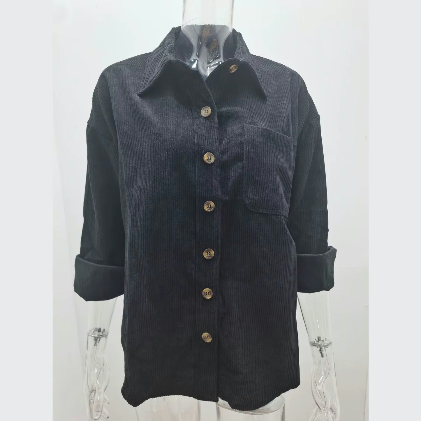 Kaleem Black Corduroy Button Up Long Sleeve Shirt