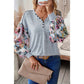 Kalen Floral Lantern Sleeve Patchwork Buttoned V Neck Top