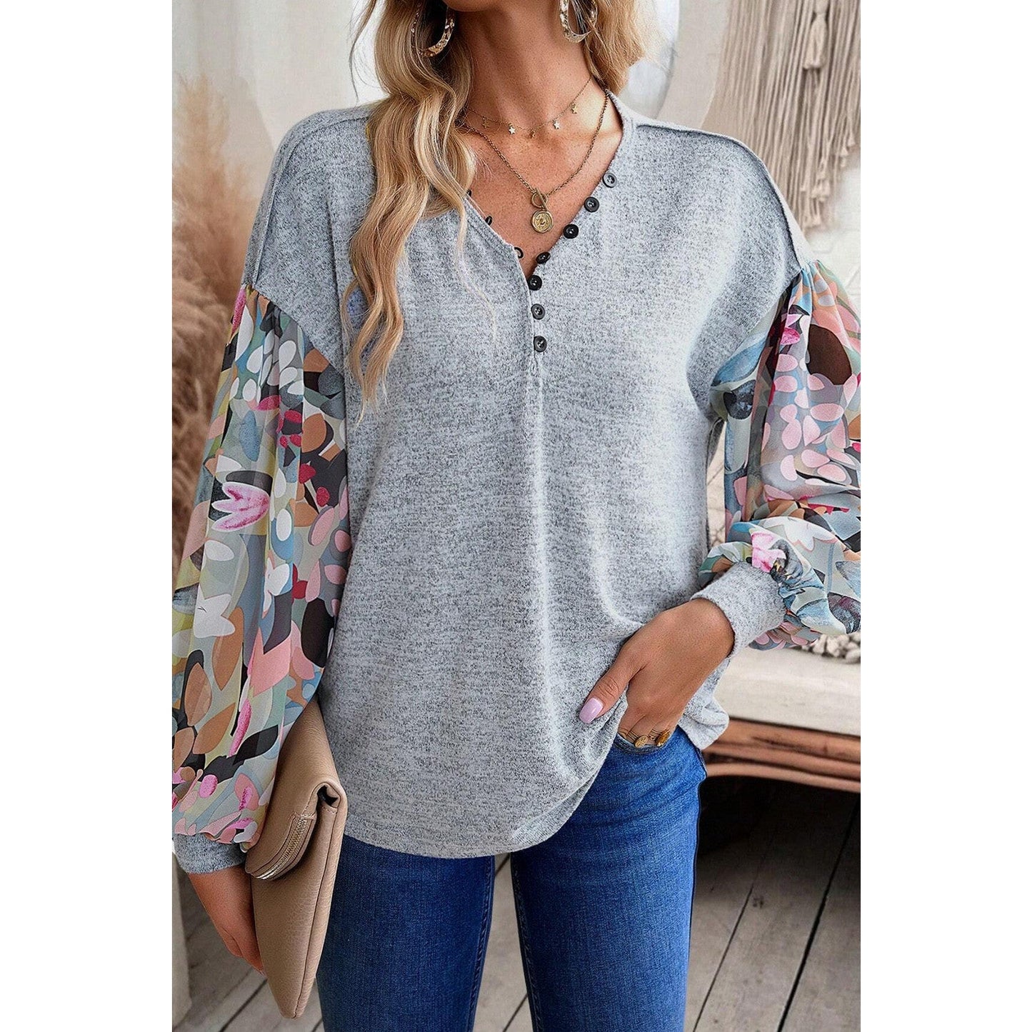 Kalen Floral Lantern Sleeve Patchwork Buttoned V Neck Top