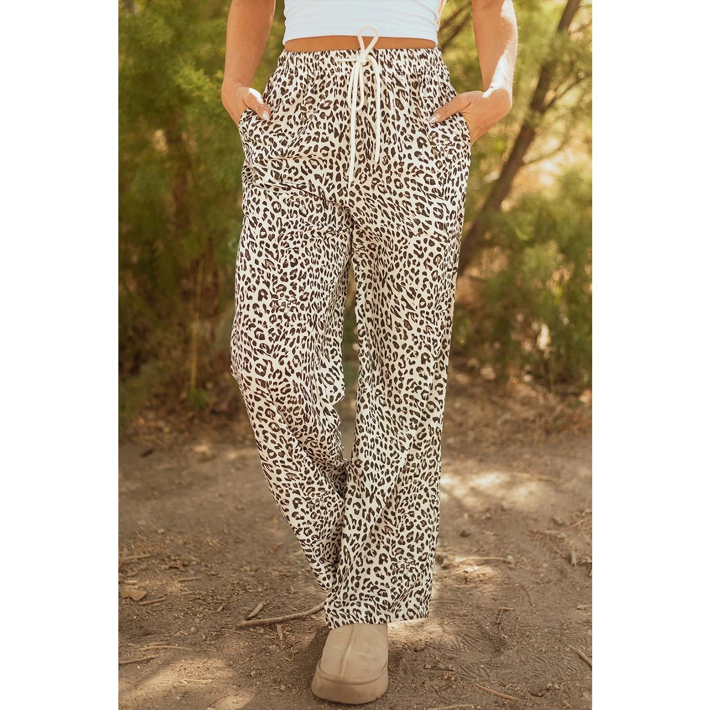 Tressie Brown Leopard Drawstring Elastic Waistband Loose Pants