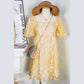 Kali Yellow Boho Flower Jacquard Puff Sleeve Square Neck Mini Dress