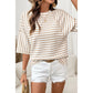 Kali Khaki Stripe Textured Knit Split Hem Half Sleeve Loose Top