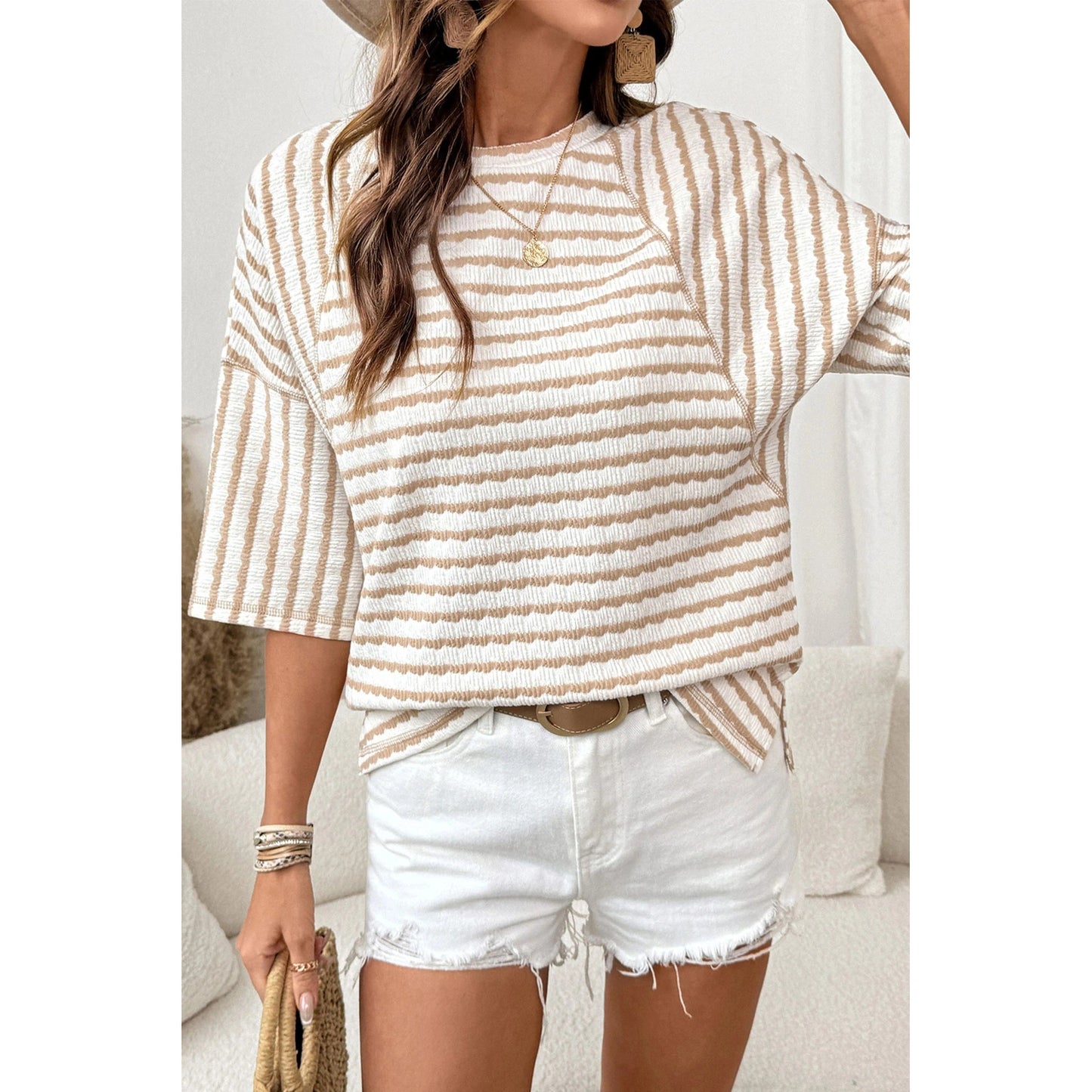 Kali Khaki Stripe Textured Knit Split Hem Half Sleeve Loose Top