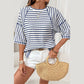 Kali Dark Blue Stripe Textured Knit Split Hem Half Sleeve Loose Top