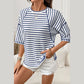 Kali Dark Blue Stripe Textured Knit Split Hem Half Sleeve Loose Top