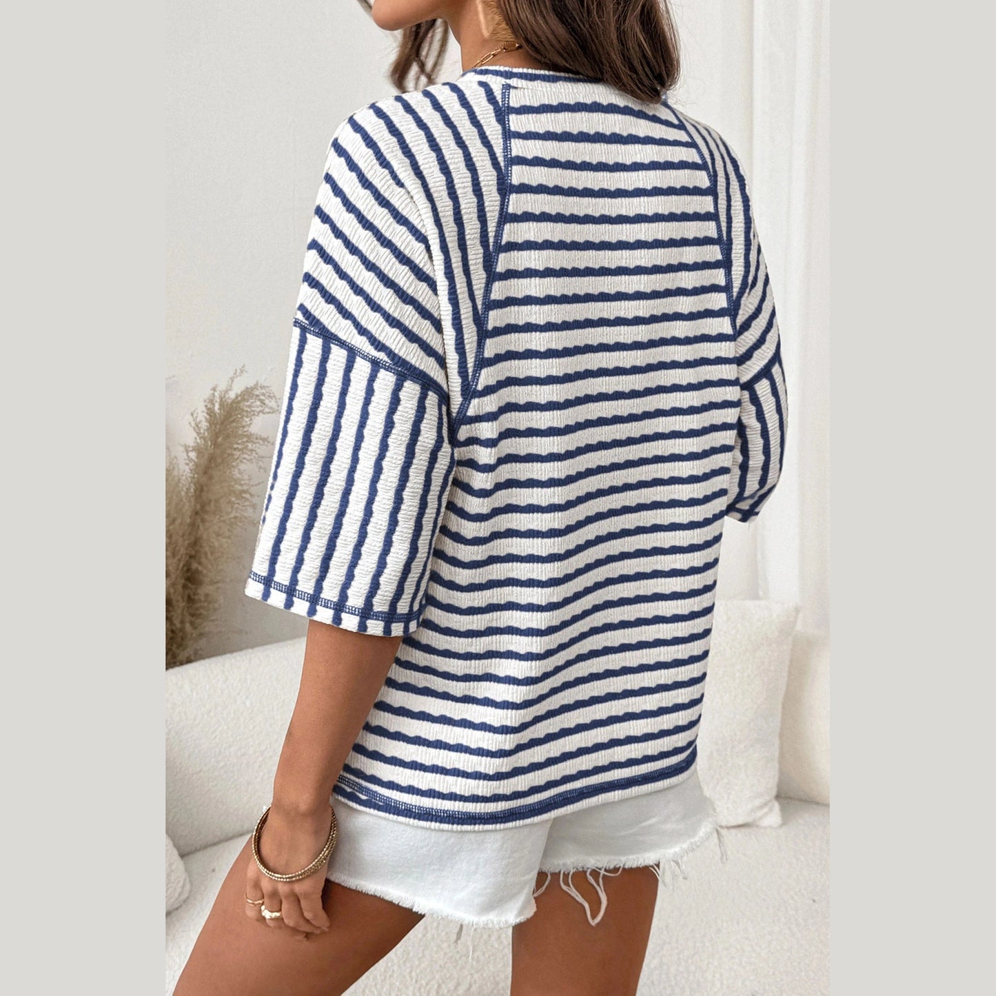 Kali Dark Blue Stripe Textured Knit Split Hem Half Sleeve Loose Top