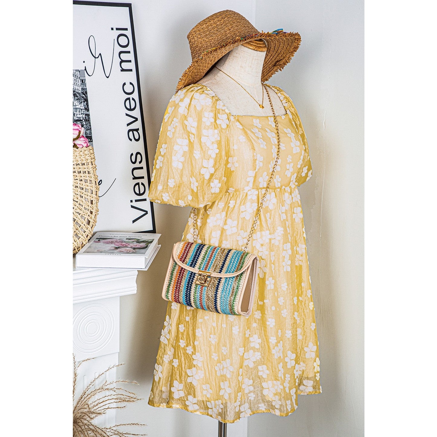 Kali Yellow Boho Flower Jacquard Puff Sleeve Square Neck Mini Dress