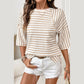 Kali Khaki Stripe Textured Knit Split Hem Half Sleeve Loose Top