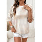 Kali Khaki Stripe Textured Knit Split Hem Half Sleeve Loose Top